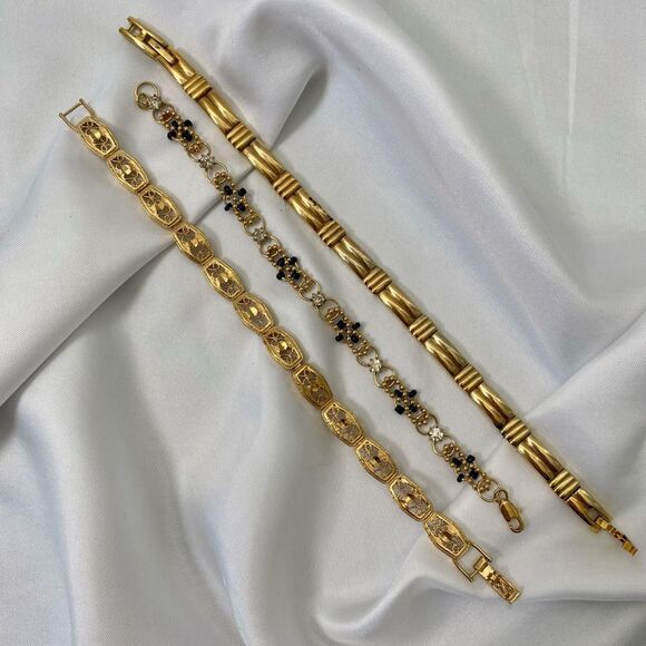 Lot of 3 Vintage Slim Dainty Filigree Chainlink Bracelets Black Rhinestones - Picture 1 of 4